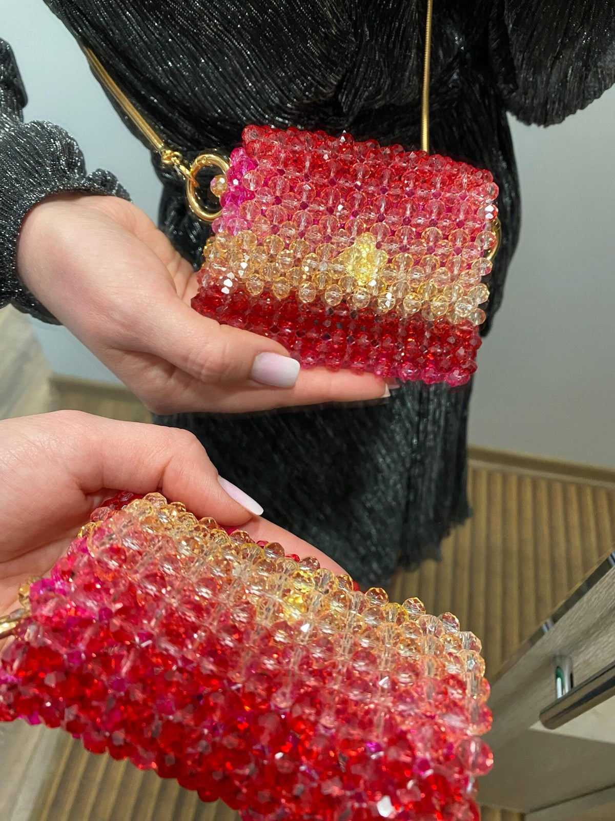Beaded Evening Bag, Crystal Mini Purse, Pink and Red Beaded Bag, Handmade Shoulder Bag