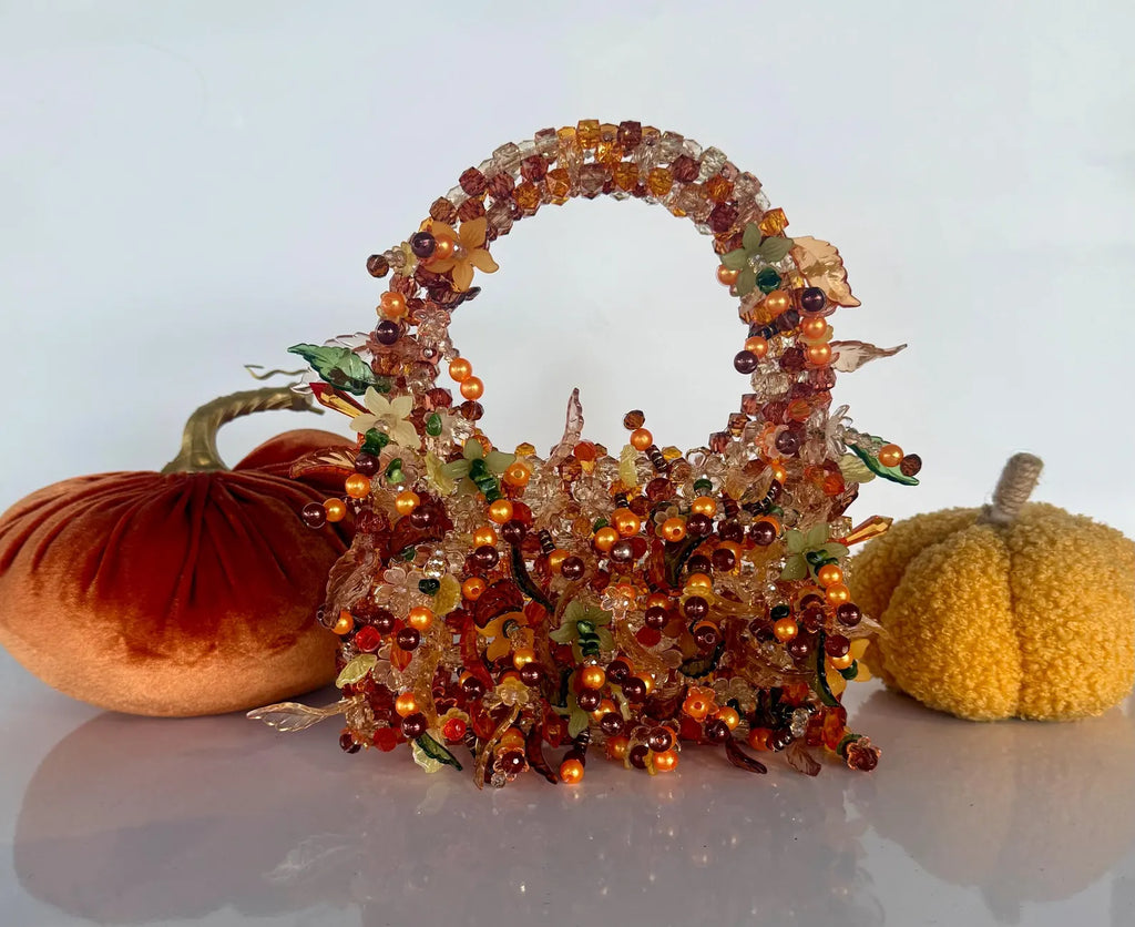 Handmade Autumn Harvest Basket: Faceted Beads, Crystal Accents, Fall Décor