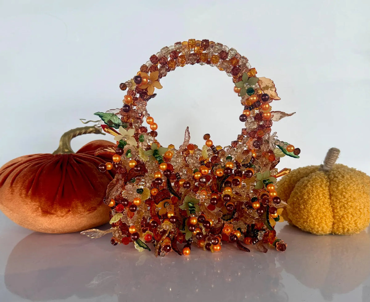 Handmade Autumn Harvest Basket: Faceted Beads, Crystal Accents, Fall Décor