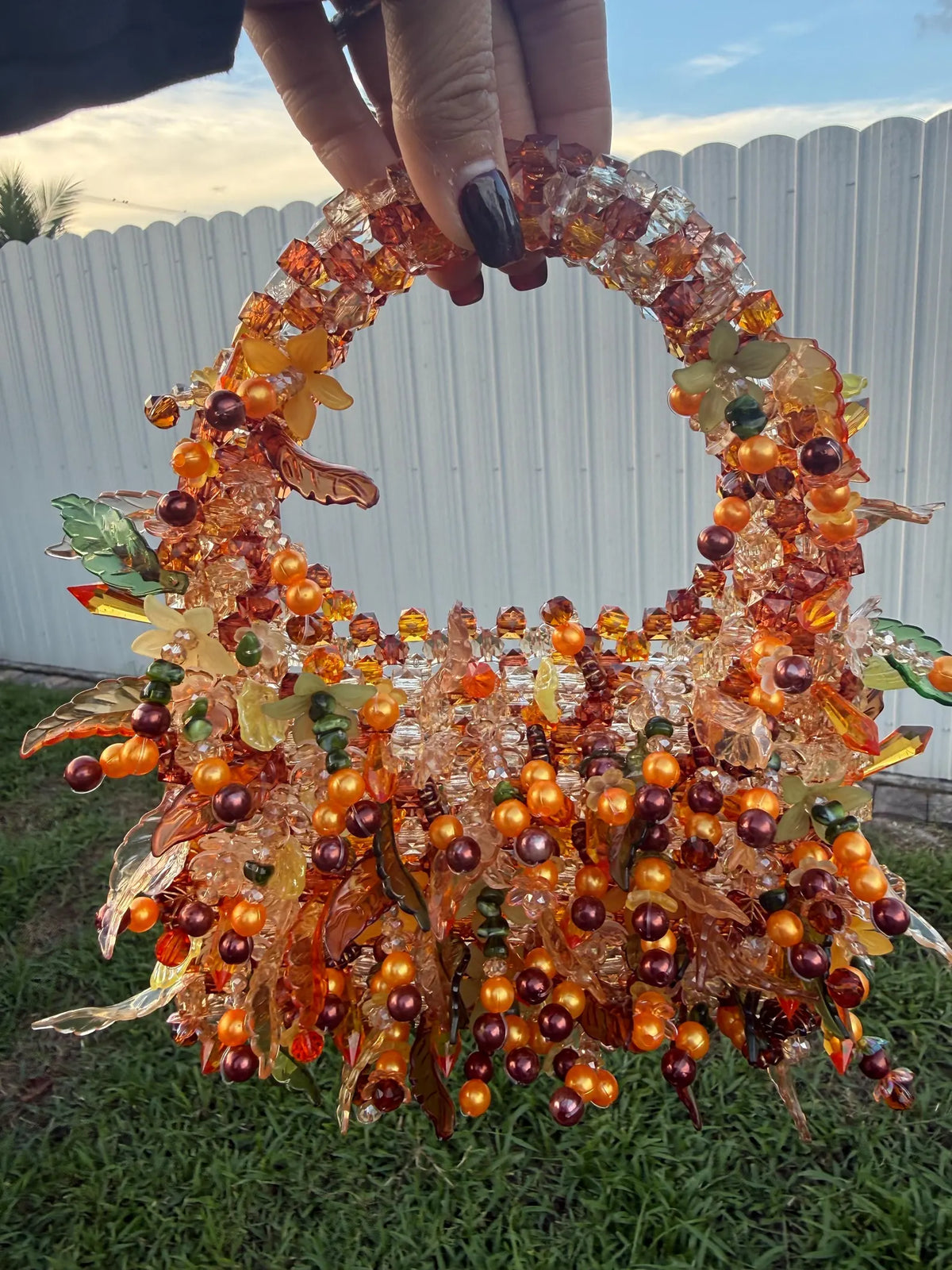 Handmade Autumn Harvest Basket: Faceted Beads, Crystal Accents, Fall Décor