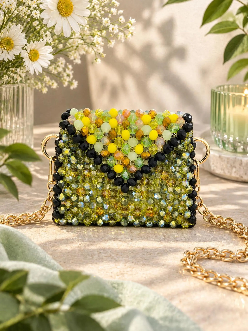 Green Yellow Black Mini Beaded Bag, Handmade Crystal Micro Bag, Tiny Evening Purse, Beaded Shoulder Bag, Unique Gift for Her