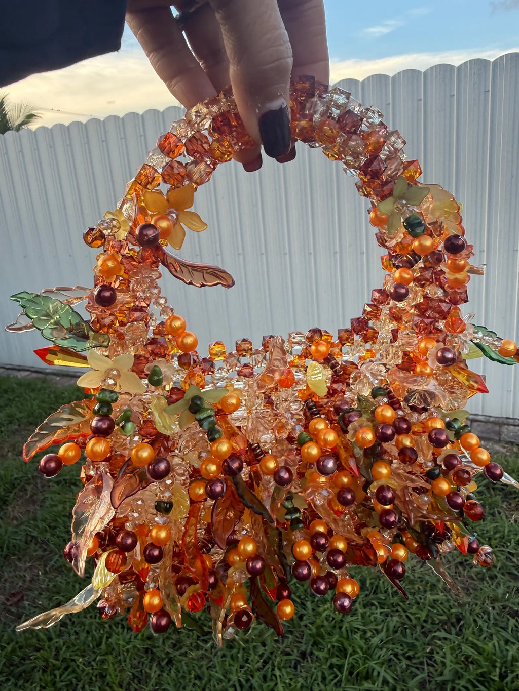 Handmade Autumn Harvest Basket: Faceted Beads, Crystal Accents, Fall Décor