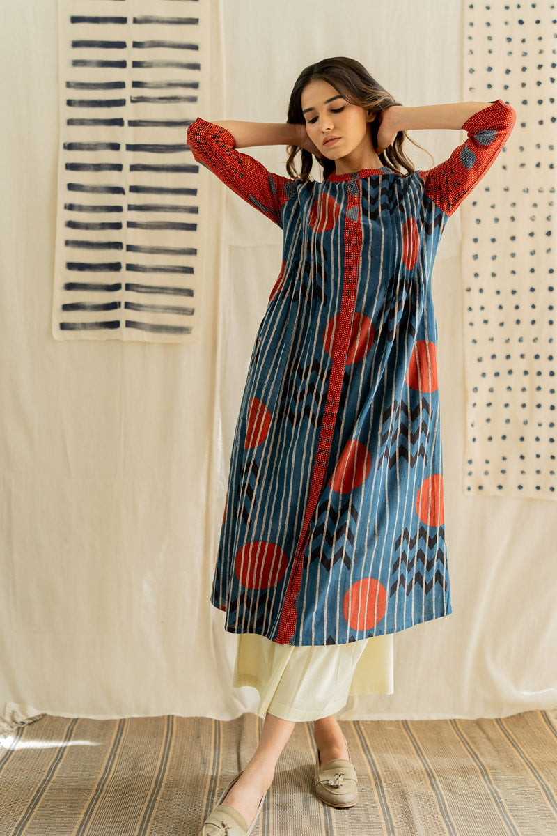 Pintuck Kurta - Playful Geometry Indigo